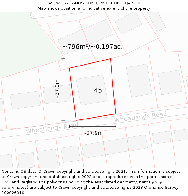 45, WHEATLANDS ROAD, PAIGNTON, TQ4 5HX: Plot and title map