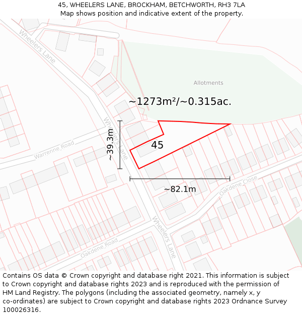 45, WHEELERS LANE, BROCKHAM, BETCHWORTH, RH3 7LA: Plot and title map