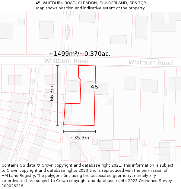 45, WHITBURN ROAD, CLEADON, SUNDERLAND, SR6 7QP: Plot and title map