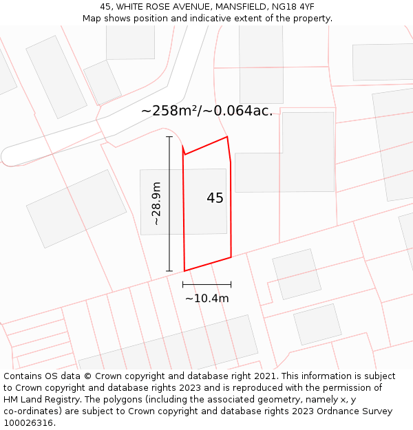 45, WHITE ROSE AVENUE, MANSFIELD, NG18 4YF: Plot and title map