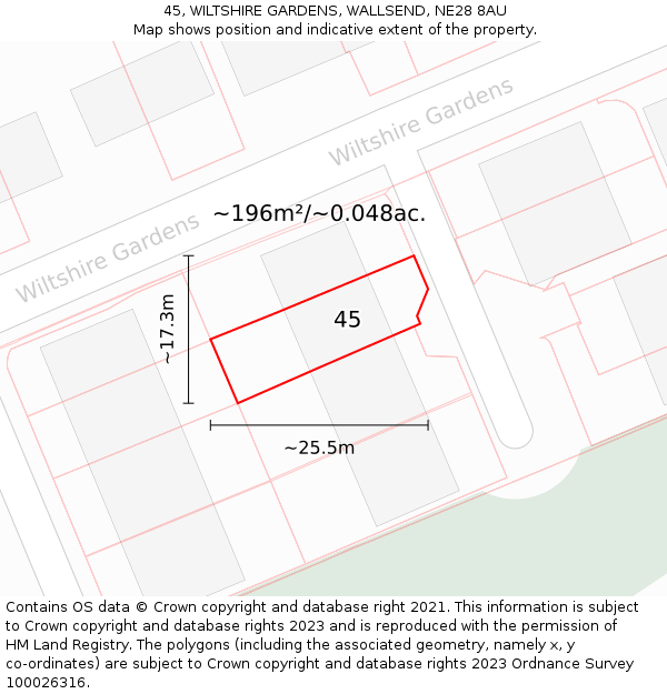 45, WILTSHIRE GARDENS, WALLSEND, NE28 8AU: Plot and title map