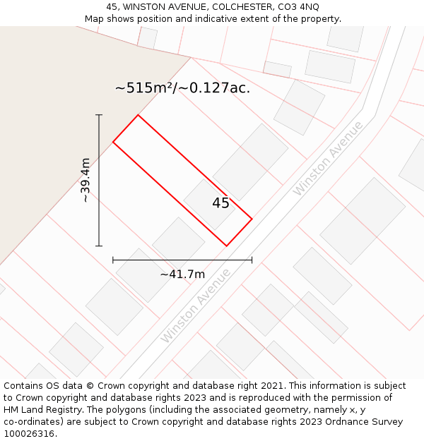45, WINSTON AVENUE, COLCHESTER, CO3 4NQ: Plot and title map