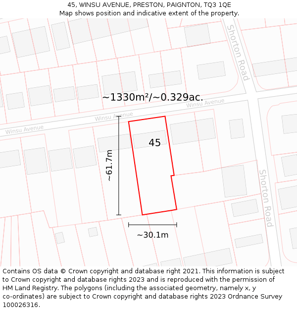 45, WINSU AVENUE, PRESTON, PAIGNTON, TQ3 1QE: Plot and title map