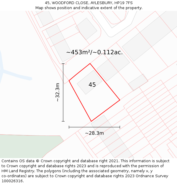 45, WOODFORD CLOSE, AYLESBURY, HP19 7FS: Plot and title map