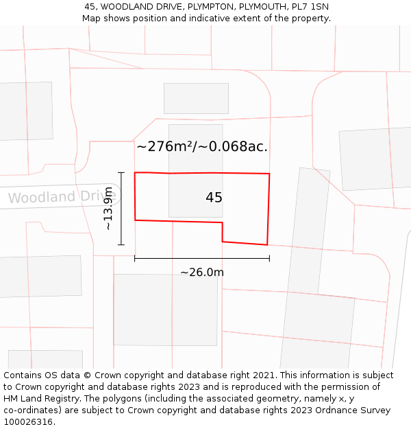 45, WOODLAND DRIVE, PLYMPTON, PLYMOUTH, PL7 1SN: Plot and title map