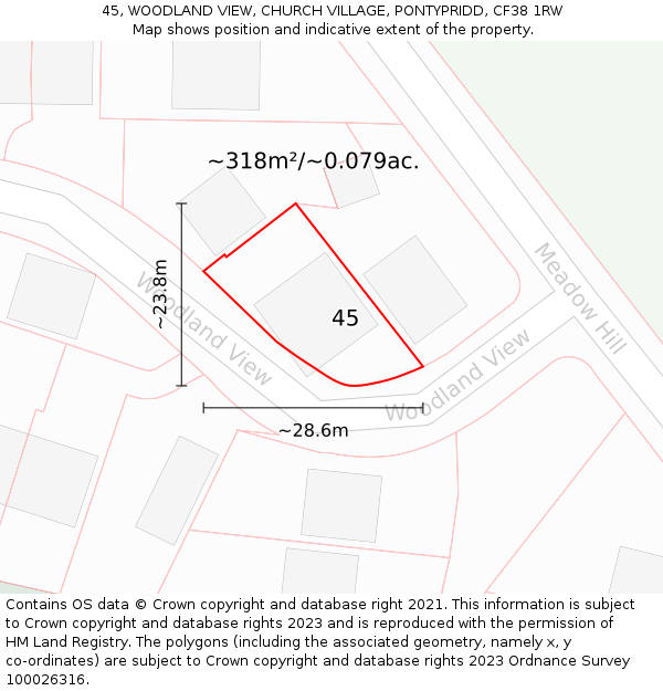 45, WOODLAND VIEW, CHURCH VILLAGE, PONTYPRIDD, CF38 1RW: Plot and title map