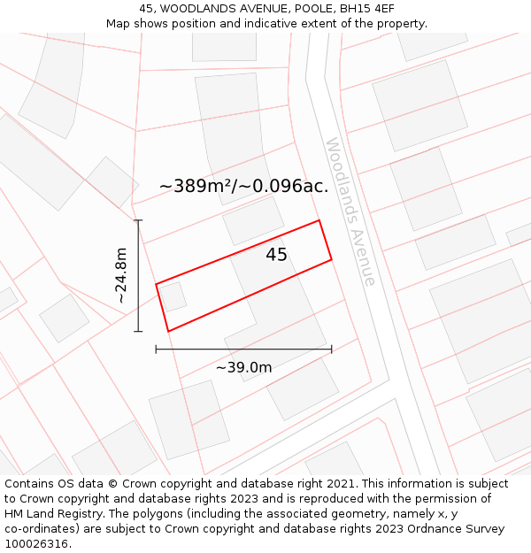 45, WOODLANDS AVENUE, POOLE, BH15 4EF: Plot and title map
