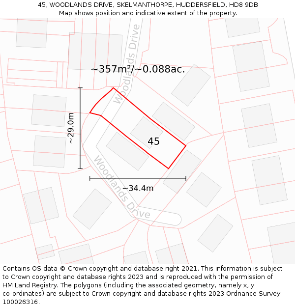 45, WOODLANDS DRIVE, SKELMANTHORPE, HUDDERSFIELD, HD8 9DB: Plot and title map
