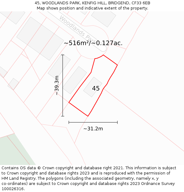 45, WOODLANDS PARK, KENFIG HILL, BRIDGEND, CF33 6EB: Plot and title map