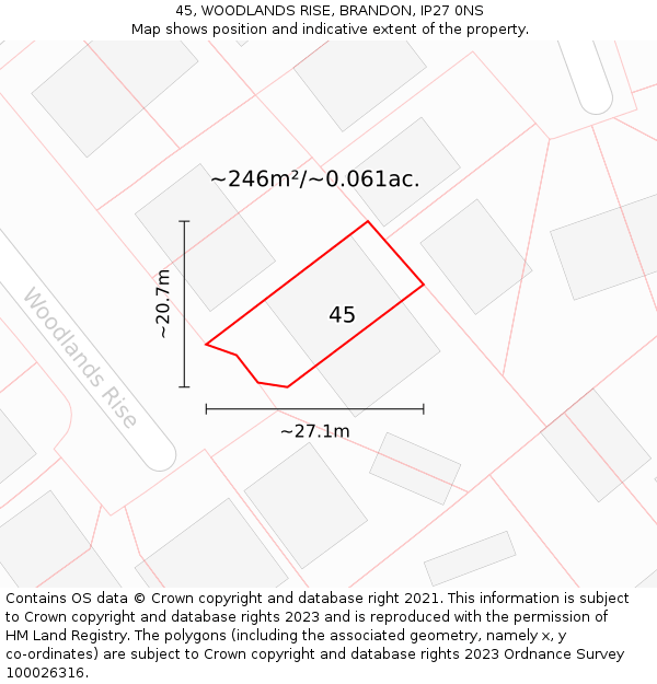 45, WOODLANDS RISE, BRANDON, IP27 0NS: Plot and title map
