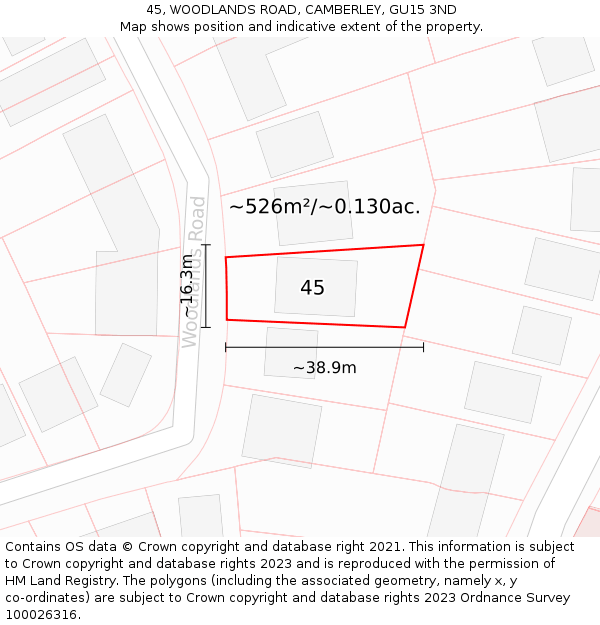 45, WOODLANDS ROAD, CAMBERLEY, GU15 3ND: Plot and title map