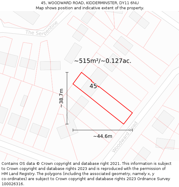 45, WOODWARD ROAD, KIDDERMINSTER, DY11 6NU: Plot and title map