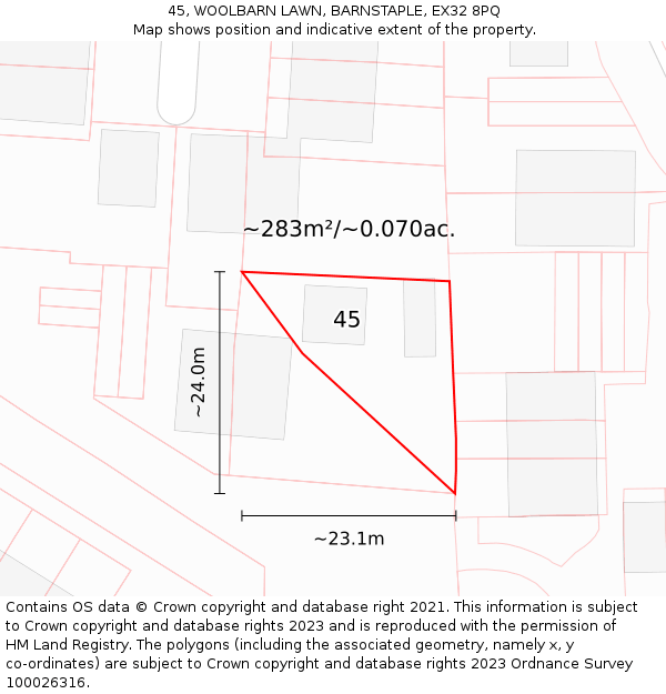 45, WOOLBARN LAWN, BARNSTAPLE, EX32 8PQ: Plot and title map
