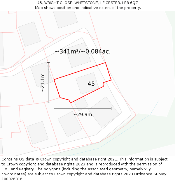 45, WRIGHT CLOSE, WHETSTONE, LEICESTER, LE8 6QZ: Plot and title map