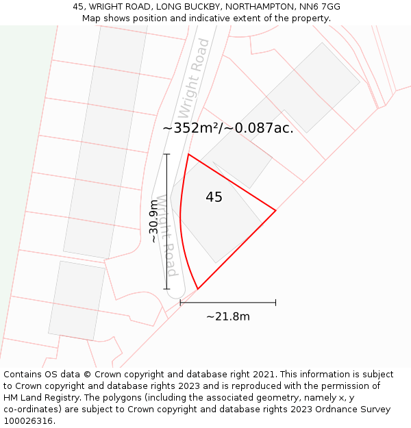 45, WRIGHT ROAD, LONG BUCKBY, NORTHAMPTON, NN6 7GG: Plot and title map