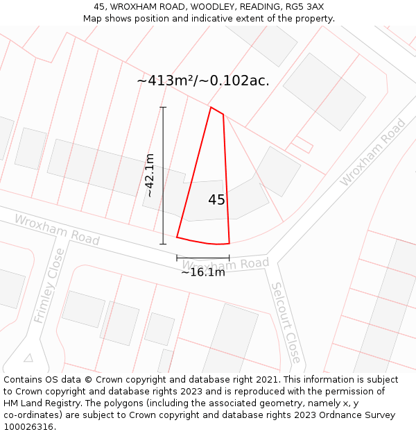 45, WROXHAM ROAD, WOODLEY, READING, RG5 3AX: Plot and title map