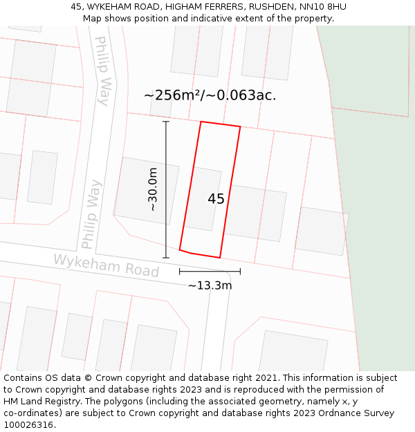 45, WYKEHAM ROAD, HIGHAM FERRERS, RUSHDEN, NN10 8HU: Plot and title map