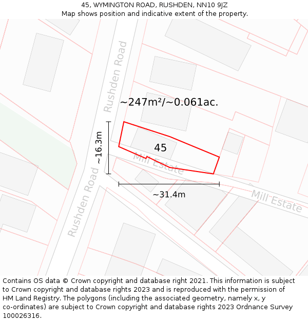 45, WYMINGTON ROAD, RUSHDEN, NN10 9JZ: Plot and title map