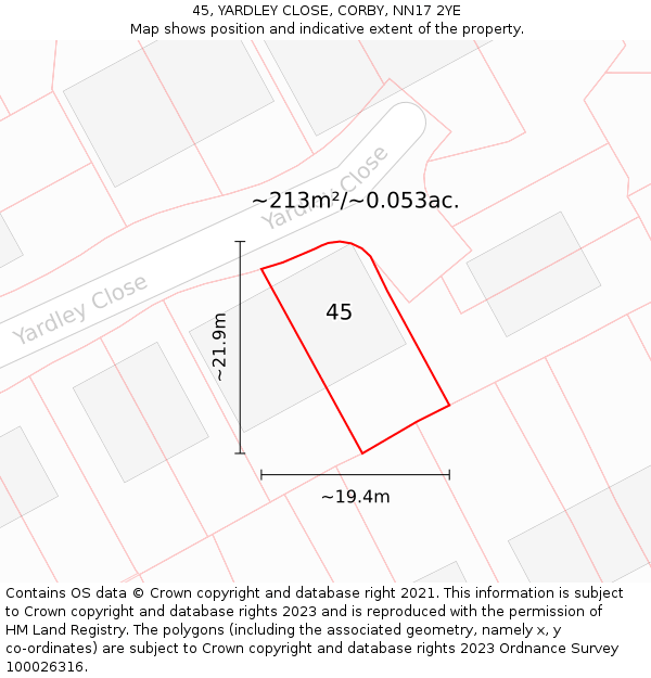 45, YARDLEY CLOSE, CORBY, NN17 2YE: Plot and title map