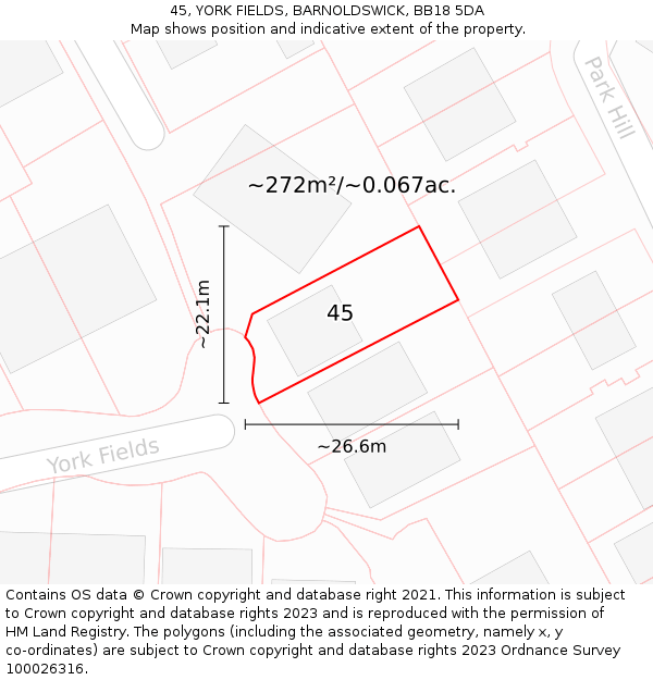 45, YORK FIELDS, BARNOLDSWICK, BB18 5DA: Plot and title map