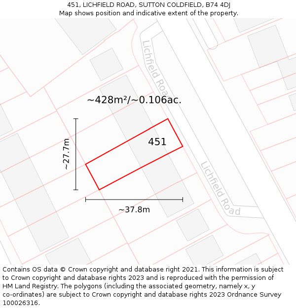 451, LICHFIELD ROAD, SUTTON COLDFIELD, B74 4DJ: Plot and title map