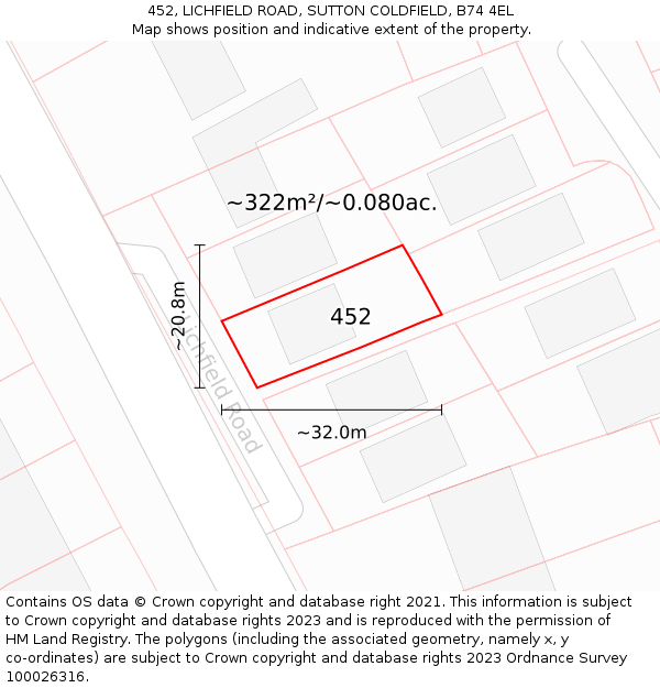 452, LICHFIELD ROAD, SUTTON COLDFIELD, B74 4EL: Plot and title map