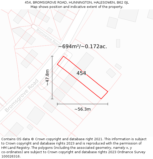 454, BROMSGROVE ROAD, HUNNINGTON, HALESOWEN, B62 0JL: Plot and title map