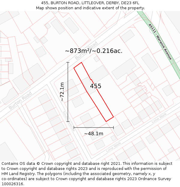 455, BURTON ROAD, LITTLEOVER, DERBY, DE23 6FL: Plot and title map