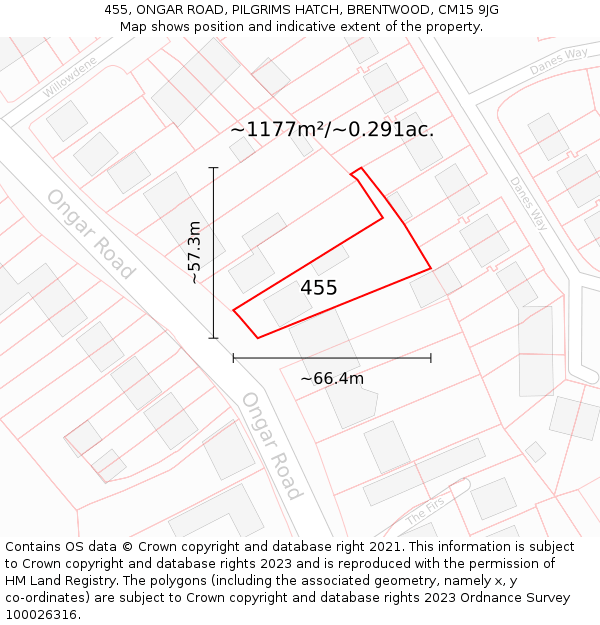 455, ONGAR ROAD, PILGRIMS HATCH, BRENTWOOD, CM15 9JG: Plot and title map