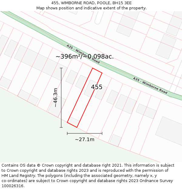 455, WIMBORNE ROAD, POOLE, BH15 3EE: Plot and title map