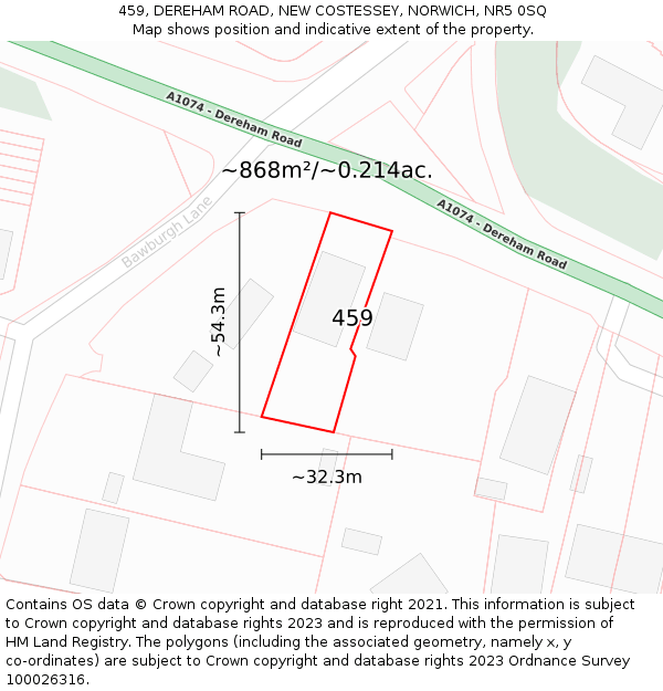 459, DEREHAM ROAD, NEW COSTESSEY, NORWICH, NR5 0SQ: Plot and title map