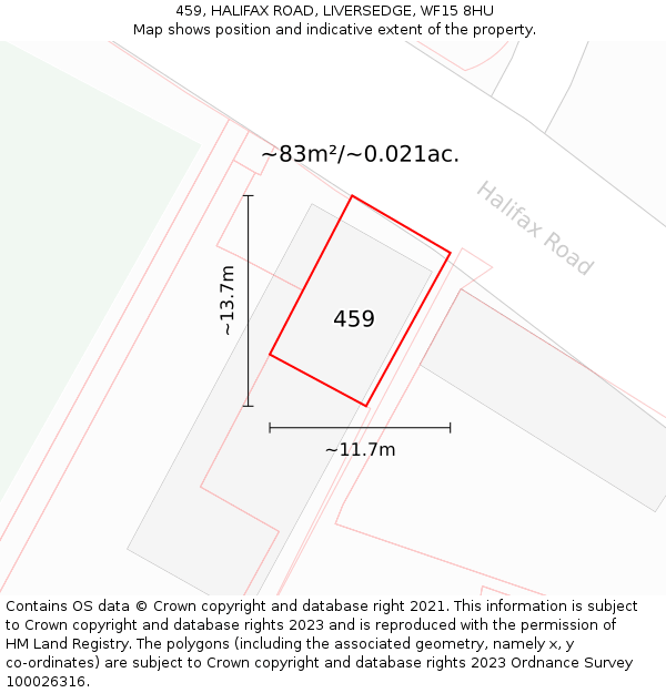 459, HALIFAX ROAD, LIVERSEDGE, WF15 8HU: Plot and title map