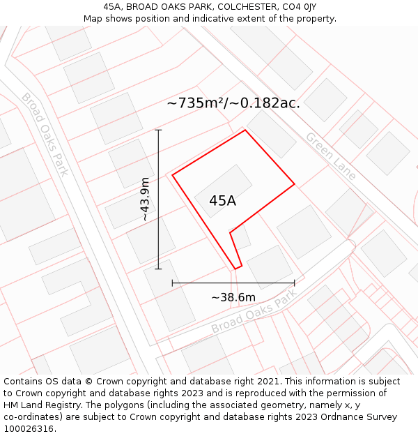 45A, BROAD OAKS PARK, COLCHESTER, CO4 0JY: Plot and title map