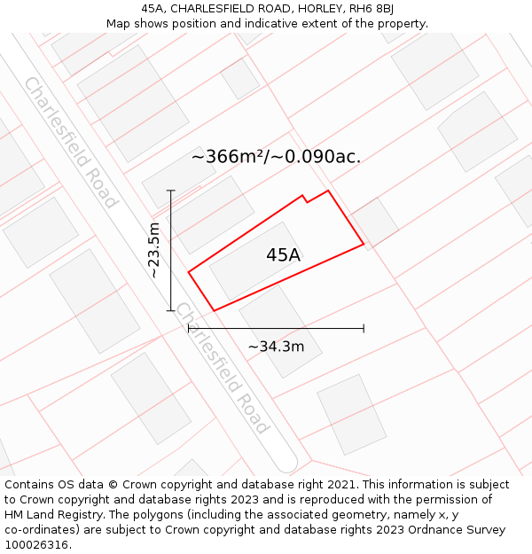 45A, CHARLESFIELD ROAD, HORLEY, RH6 8BJ: Plot and title map