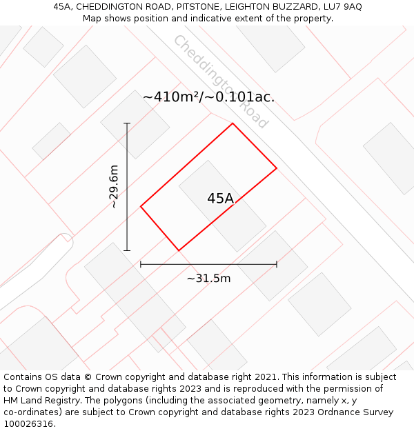 45A, CHEDDINGTON ROAD, PITSTONE, LEIGHTON BUZZARD, LU7 9AQ: Plot and title map