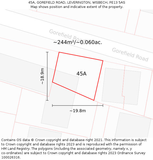 45A, GOREFIELD ROAD, LEVERINGTON, WISBECH, PE13 5AS: Plot and title map