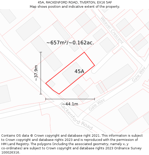 45A, RACKENFORD ROAD, TIVERTON, EX16 5AF: Plot and title map