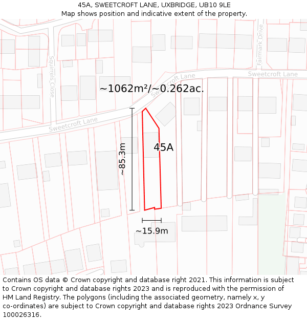 45A, SWEETCROFT LANE, UXBRIDGE, UB10 9LE: Plot and title map
