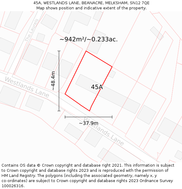 45A, WESTLANDS LANE, BEANACRE, MELKSHAM, SN12 7QE: Plot and title map