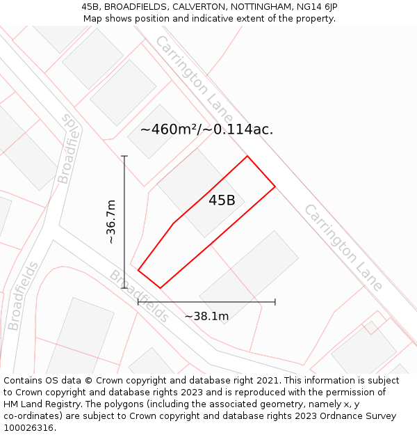 45B, BROADFIELDS, CALVERTON, NOTTINGHAM, NG14 6JP: Plot and title map