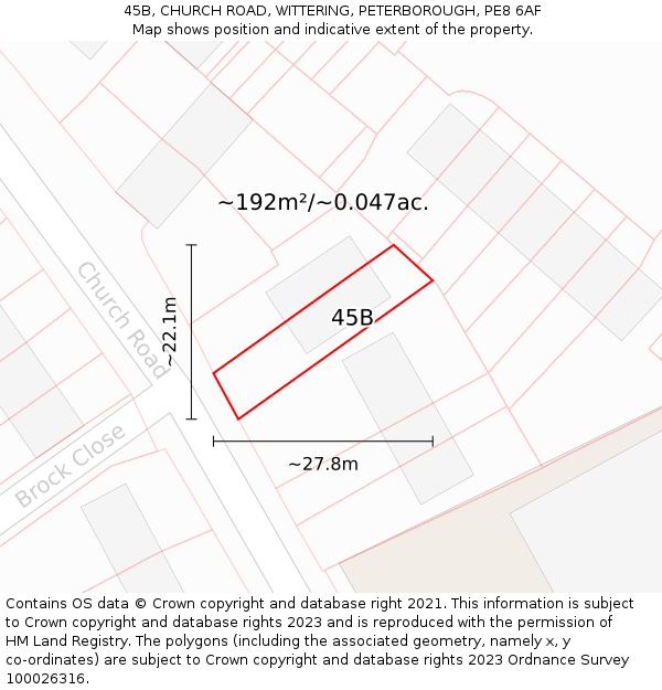 45B, CHURCH ROAD, WITTERING, PETERBOROUGH, PE8 6AF: Plot and title map