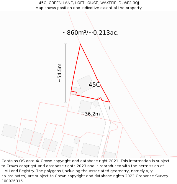 45C, GREEN LANE, LOFTHOUSE, WAKEFIELD, WF3 3QJ: Plot and title map