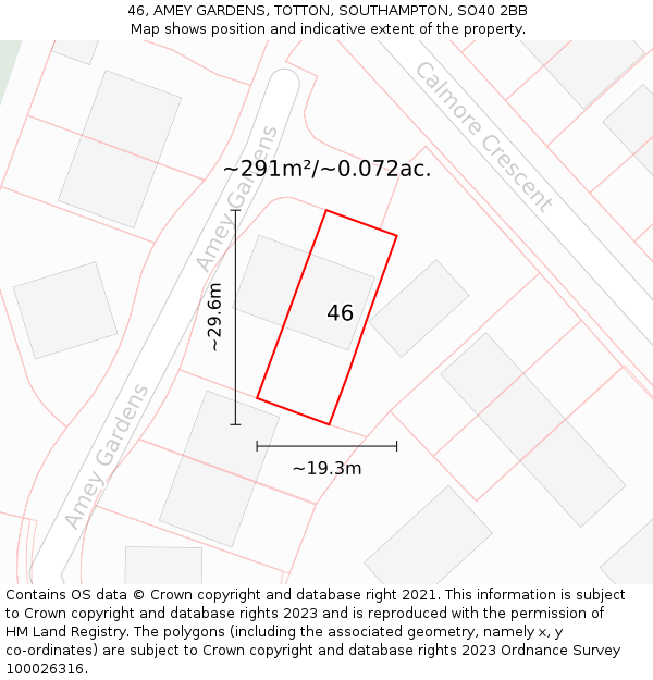 46, AMEY GARDENS, TOTTON, SOUTHAMPTON, SO40 2BB: Plot and title map