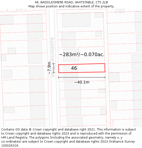 46, BADDLESMERE ROAD, WHITSTABLE, CT5 2LB: Plot and title map
