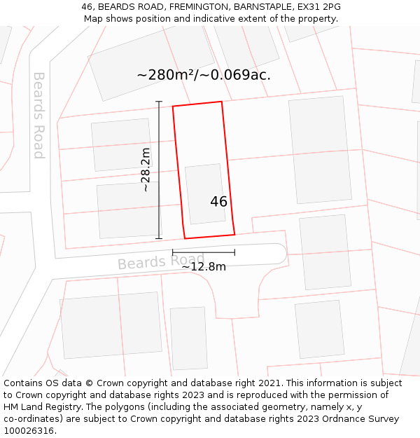46, BEARDS ROAD, FREMINGTON, BARNSTAPLE, EX31 2PG: Plot and title map