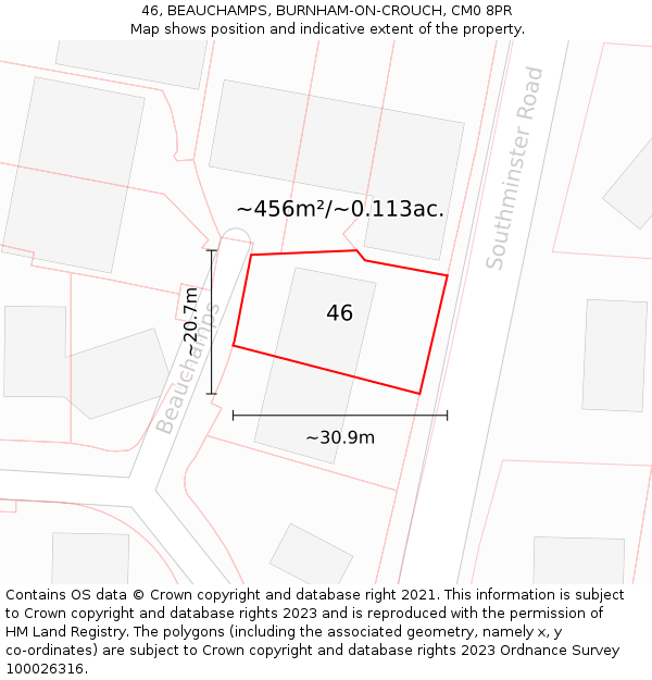 46, BEAUCHAMPS, BURNHAM-ON-CROUCH, CM0 8PR: Plot and title map