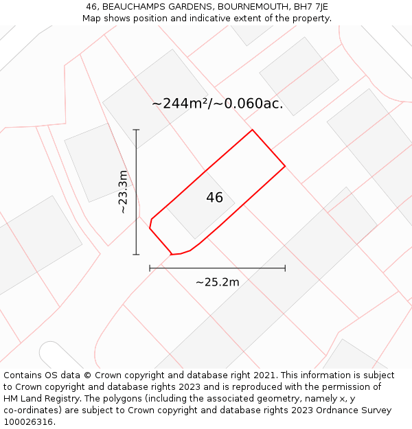 46, BEAUCHAMPS GARDENS, BOURNEMOUTH, BH7 7JE: Plot and title map
