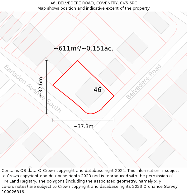 46, BELVEDERE ROAD, COVENTRY, CV5 6PG: Plot and title map