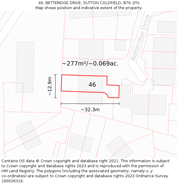 46, BETTERIDGE DRIVE, SUTTON COLDFIELD, B76 1FN: Plot and title map