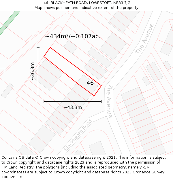 46, BLACKHEATH ROAD, LOWESTOFT, NR33 7JG: Plot and title map